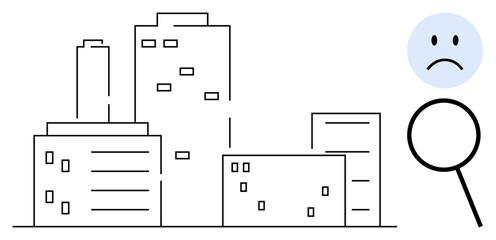 Urban issues. A cityscape with magnifying glass and sad face urban challenges. Urban issues affecting development, housing, and infrastructure. For planning, sustainability, research, and policy