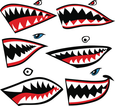 Aggressive shark mouth decals set featuring sharp teeth and angry eyes for vehicle design