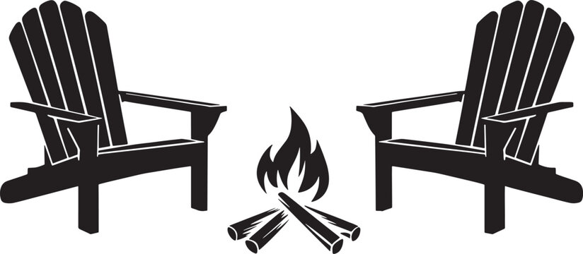 Cozy campfire scene with two adirondack chairs silhouette vector for outdoor camping theme