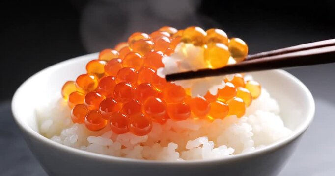 A close-up of a bowl filled with steaming rice topped with vibrant orange fish roe, showcasing culinary artistry