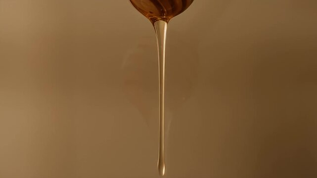 Beautiful liquid honey dripping in smooth, flowing stream against light brown background