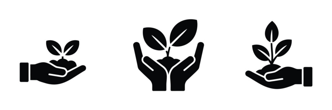 National Arbor Day Sapling Care Vector Icon Set, solid black illustration collection featuring young trees, planting icons, and eco-friendly symbols, isolated graphics ideal for Arbor Day