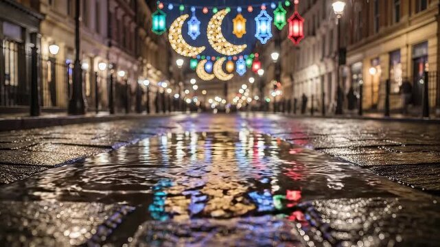 Illuminated Street with Reflections and Festive Decorations at Night. Perfect for travel brochures, cultural websites, and religious publications. 4K video