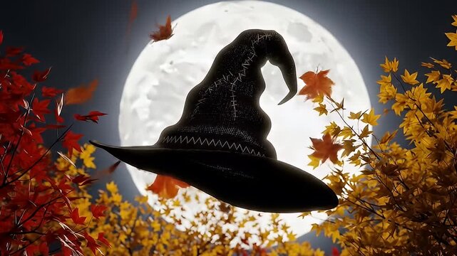 Pointy black witch hat centered with full moon background and autumn leaves