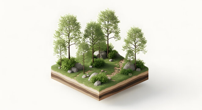 3D illustration of a forest ecosystem with layered soil and lush greenery.