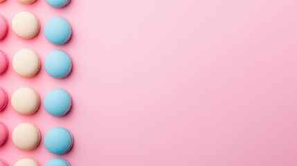Row of Pastel Blue Macarons on Pink Background