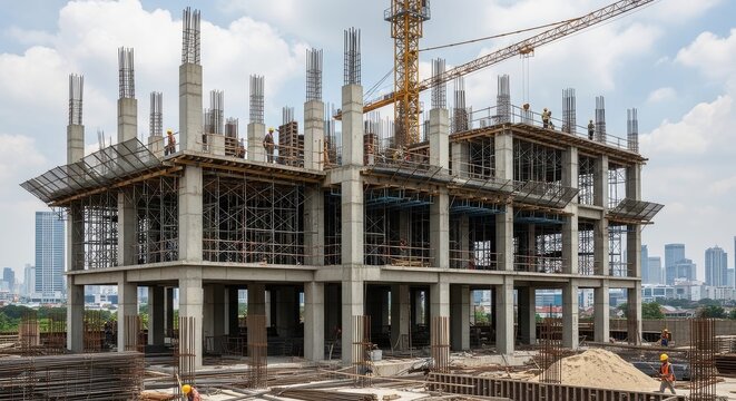 Reinforced Concrete Frame for Future Building, Columns and Slabs Rising With Tower Crane and Workers on Expansive Urban Construction Site Under Cloudy Sky

