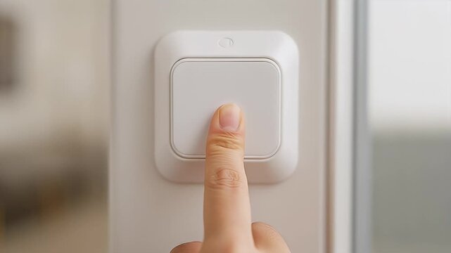 Close up of a finger pressing a square white doorbell button