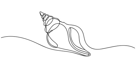Continuous single line drawing beautiful sea shell .Linear . One continuous line isolated minimalist illustration. Not AI, Continuous one line drawing of conch snail shell. Marine animal concept © Parboti