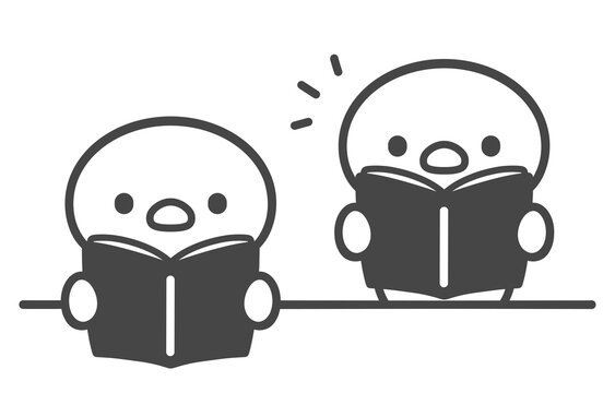本を開いて座るひよこと起立して音読するひよこの手書き線画イラスト  授業中の読書と発表の対比