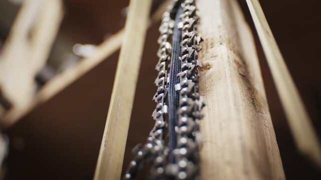 Macro shot of an oiled metal chainsaw chain with sharp teeth hanging vertically against a rustic wooden workshop beam.