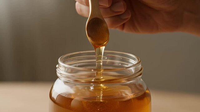 A honey spoon pours golden, sweet honey into a clear glass jar