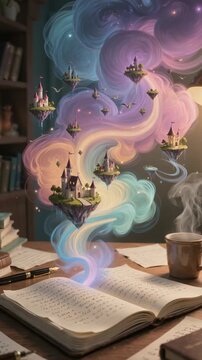 Floating castle magic book fantasy cloud dreamy light mindscape pastel swirl imagination night desk lamp flying island glowing enchanted creative