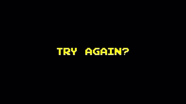 Vintage Arcade Computer Pixel Art 8 Bit Game Text Animation DEFEAT TRY AGAIN, Retro Dark Background 4k video animation seamless loop