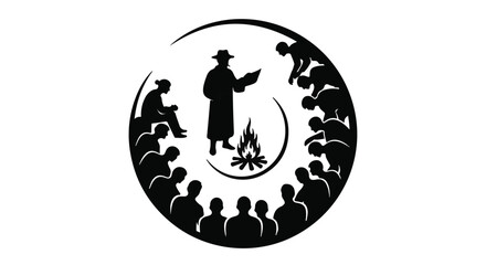 Naklejka premium Storyteller shares wisdom around a campfire, surrounded by an attentive audience in a circular formation.