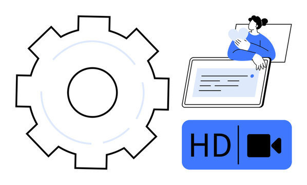 Video streaming. HD video settings, user interface elements, and gear icon configuration. Video streaming innovation for apps, platforms, and online content. Remote work, online education digital