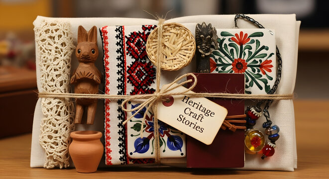 Handmade heritage craft kit gift set with traditional embroidery, miniature wooden figurine, decorative ceramic tiles, and craft accessories