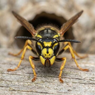 Frontal head on portrait of a yellowjacket wasp emerging from a dark wooden hole
