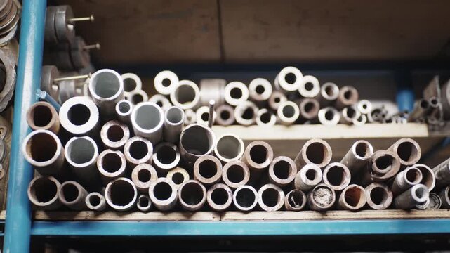 Close-ups of industrial metalworking shop storage racks filled with raw steel pipes, solid rods, and precision tools.