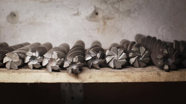 Close up panning shot of used steel drill bits and metal milling cutters lined up on a wooden workshop shelf.