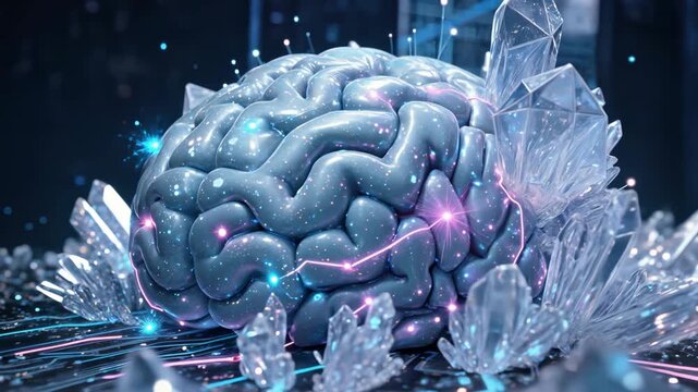 Neon crystal brain cyberpunk mindscape futuristic science fiction glowing neural network artificial intelligence technology digital fantasy concept