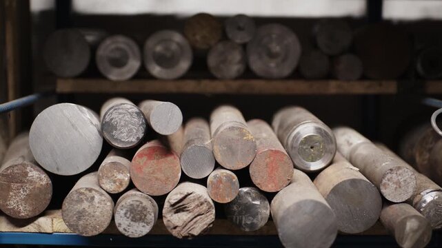Close up views of raw steel pipes, metal rods, machinery and precision measuring tools in an industrial workshop.