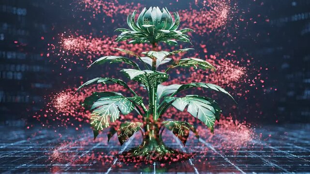 A metallic plant with circuit board patterns sprouts amidst digital code and red particles