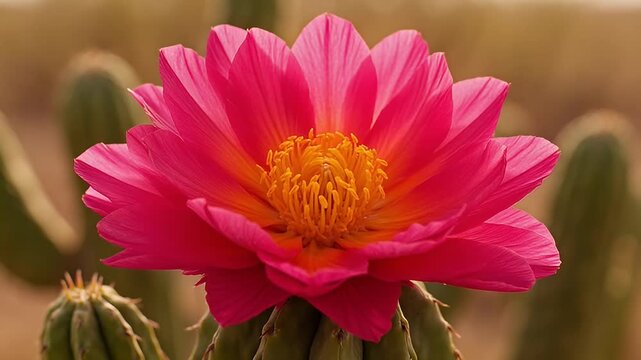 Vibrant pink cactus flower in full bloom in the desert landscape