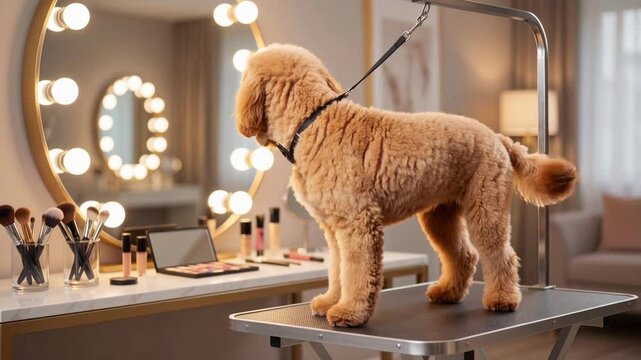 Golden doodle dog wearing a black bowtie standing on grooming table wagging tail and looking at camera after a luxurious grooming session