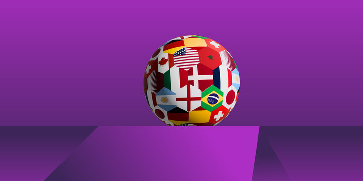 A vibrant globe adorned with various national flags displayed on a purple pedestal.