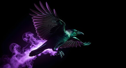 Fototapeta premium Mystical raven with glowing purple aura on dark background