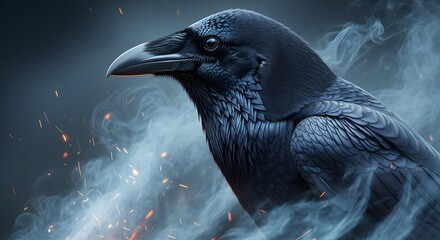 Obraz premium Close-up of a majestic raven surrounded by mystical smoke
