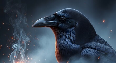 Obraz premium Majestic Raven in Mysterious Smoky Atmosphere with Glowing Embers