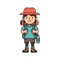 Obraz premium Cartoon Hiker with Backpack and Hat on White Background