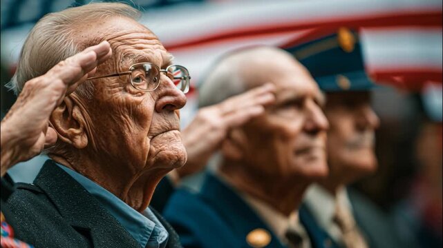 Elderly veterans saluting in front of American flag during ceremony  