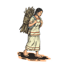 Obraz premium Native American Woman Carrying Firewood Bundle Colored Vector Illustration