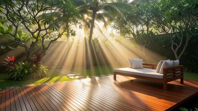 Serene Wooden Deck with Sunbeams and Lounger.