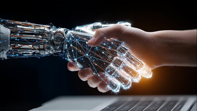 Human and robotic hands shaking in a digital technology environment  