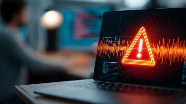 Laptop displaying warning signal with sound wave visualization in office  