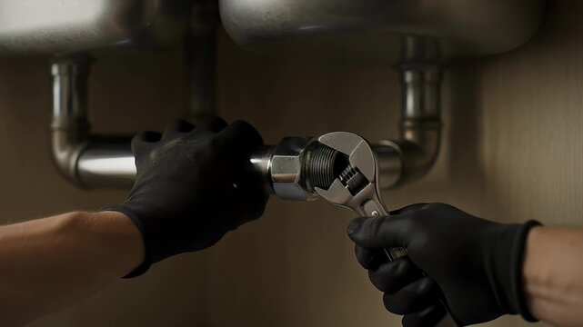 Plumber repairs or installs sink plumbing with an adjustable wrench tool.
