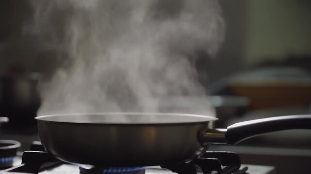 steaming hot frying pan on gas stove