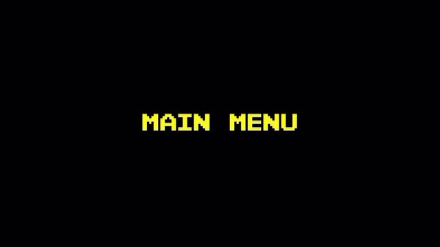 Pixel Art 8-Bit Game Text Animation: Retro Vintage Arcade Main Menu and Quit Screen on Dark Background 4k video animation seamless loop