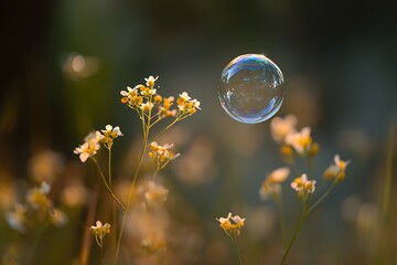 Fototapeta premium Soap bubble floating over wild flowers in meadow