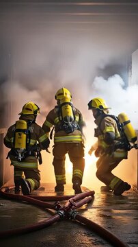 Firefighters in full protective gear kneeling in thick smoke during a rescue training simulation