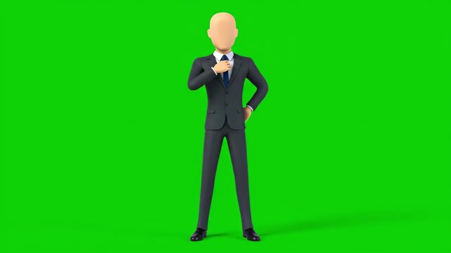3D Businessman Adjusting Tie on Green Screen Background