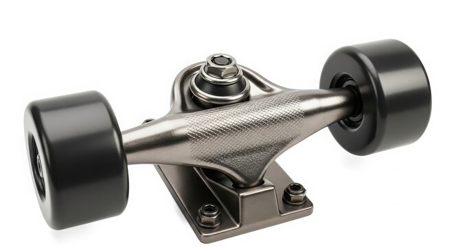 A close-up of a skateboard truck with black wheels