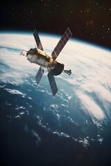 Obraz premium Satellite orbiting Earth with solar panels extended