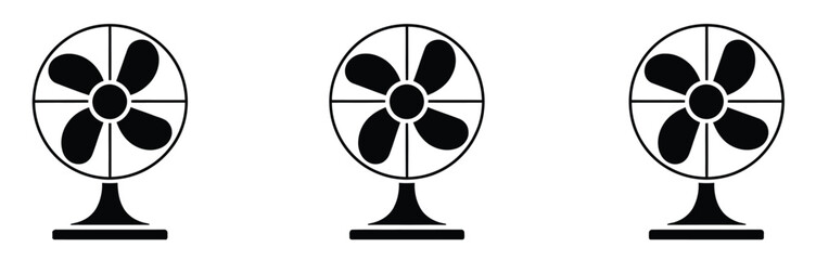 Set of Summer Fan Vector Icon in Silhouette Design, black illustration collection featuring electric and handheld fans, isolated graphics ideal for summer concepts, seasonal branding, cooling devices, © WelcomeJune
