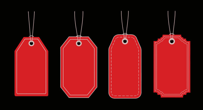 Set of five red hanging price tags for design projects and branding.