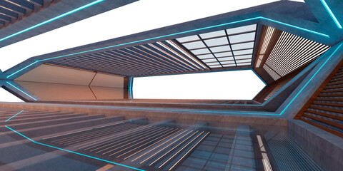 3d rendering sci-fi building interior with neon lights and transparent background
